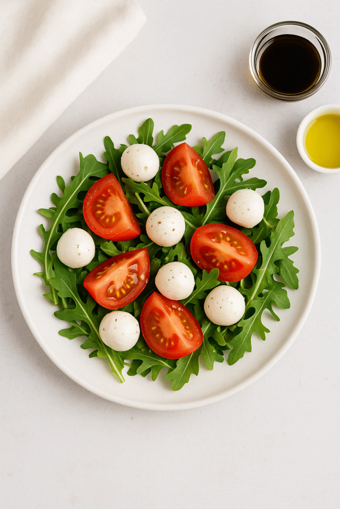 ensalada de rúcula con tomate y mozzarella en plato blanco, receta ligera y saludable