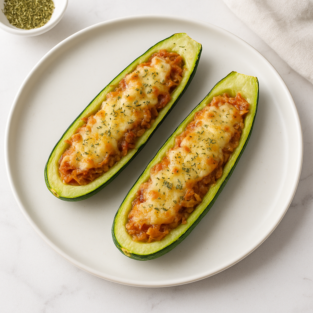 calabacines rellenos de atún gratinados sobre plato blanco, receta saludable y rápida