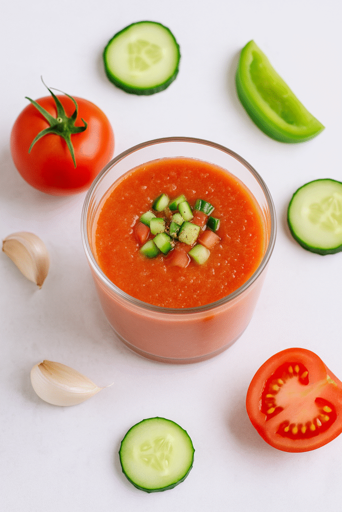 vaso de gazpacho casero sin pan con tomate y pepino, receta saludable y rápida