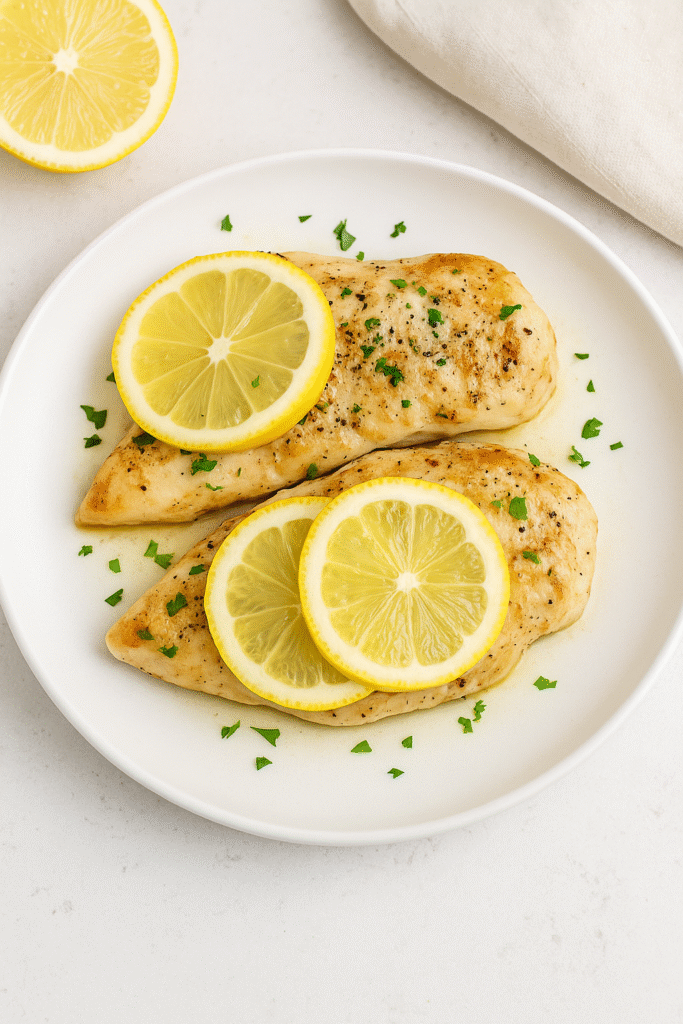 pechugas de pollo al limón al horno con rodajas de limón, receta ligera y sin aceite