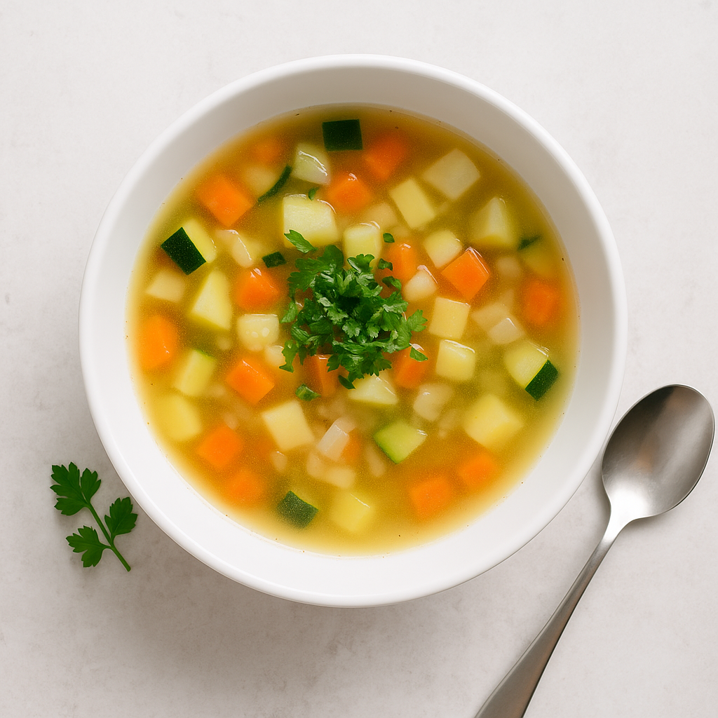 Sopa ligera de verduras servida en plato blanco con perejil fresco, receta saludable y reconfortante