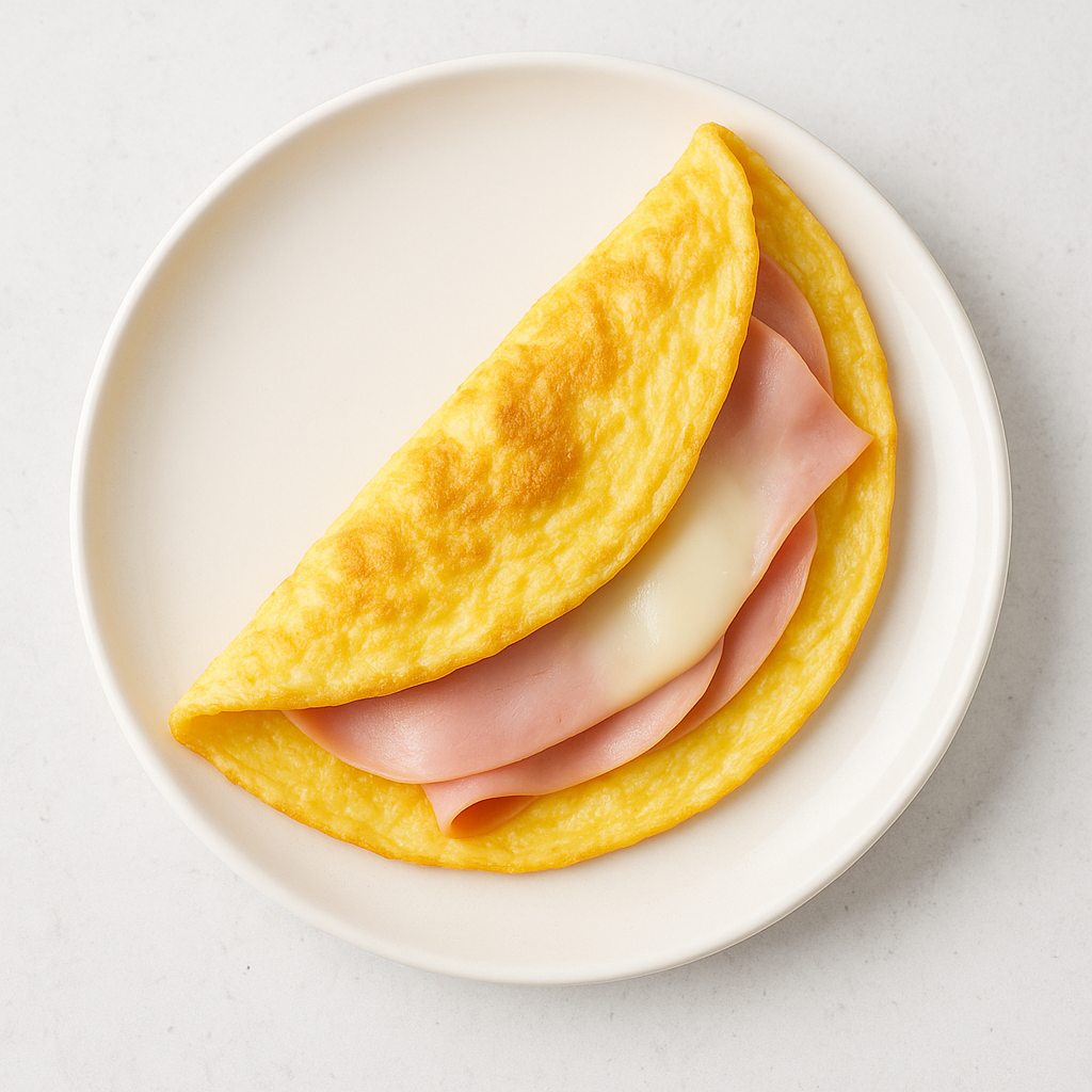 Tortilla francesa doblada y rellena de jamón y queso en plato blanco, receta rápida y saludable
