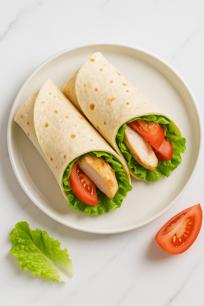 wrap de pollo con lechuga y tomate en plato blanco, receta ligera y saludable