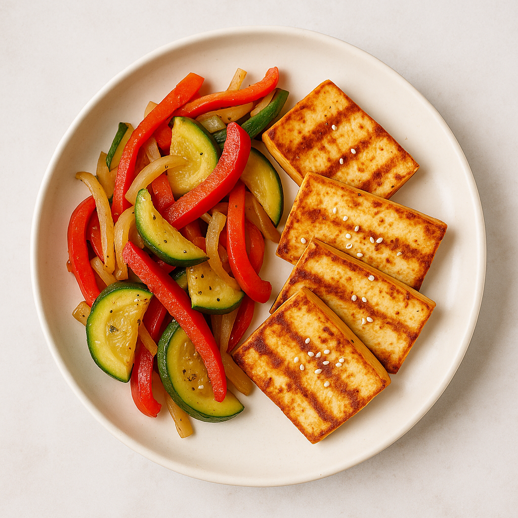 tofu a la plancha con verduras salteadas en plato blanco, receta saludable y ligera