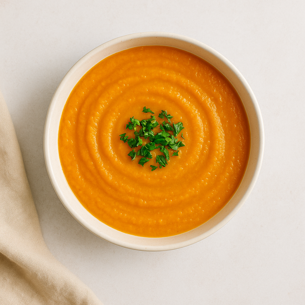 crema de zanahoria en bol blanco con textura cremosa, receta saludable y ligera