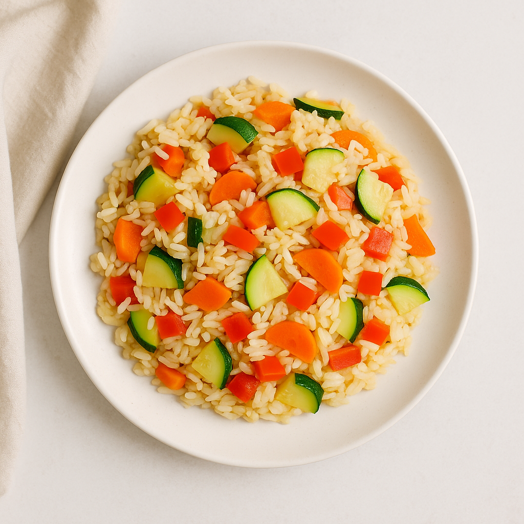 arroz con verduras colorido servido en plato blanco, receta saludable y rápida