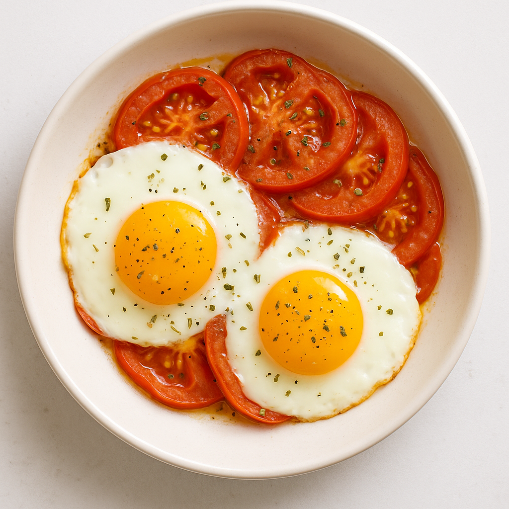 huevos al horno con tomate y orégano servidos en plato blanco, receta saludable y rápida