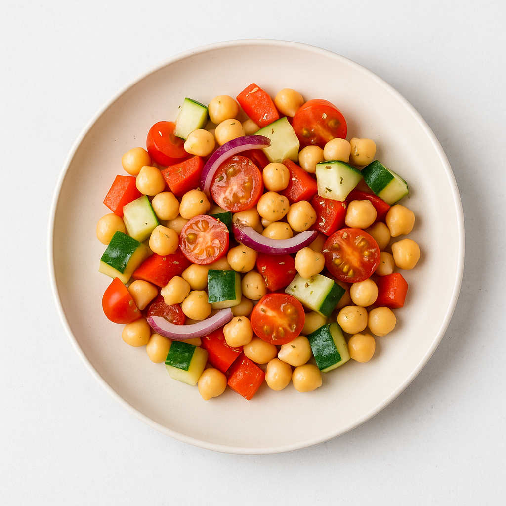 ensalada de garbanzos mediterránea servida en plato blanco con verduras frescas, receta saludable y colorida