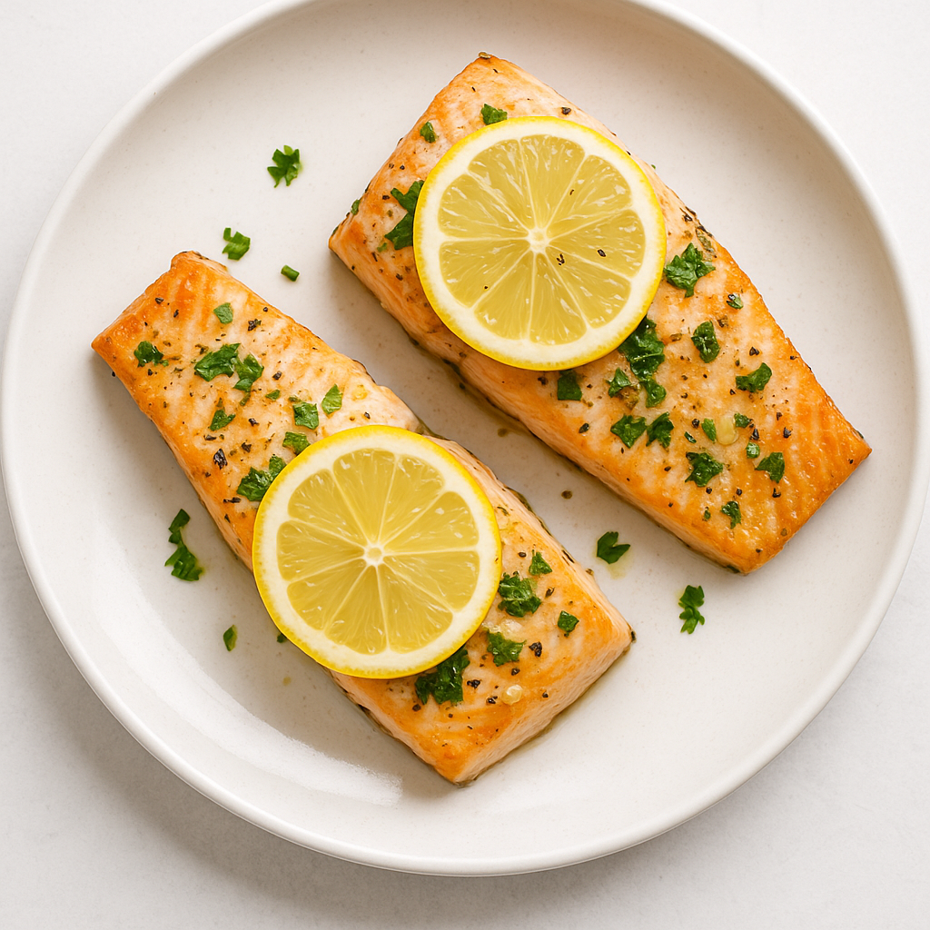 lomos de salmón al horno con limón y perejil en plato blanco, receta saludable y rápida