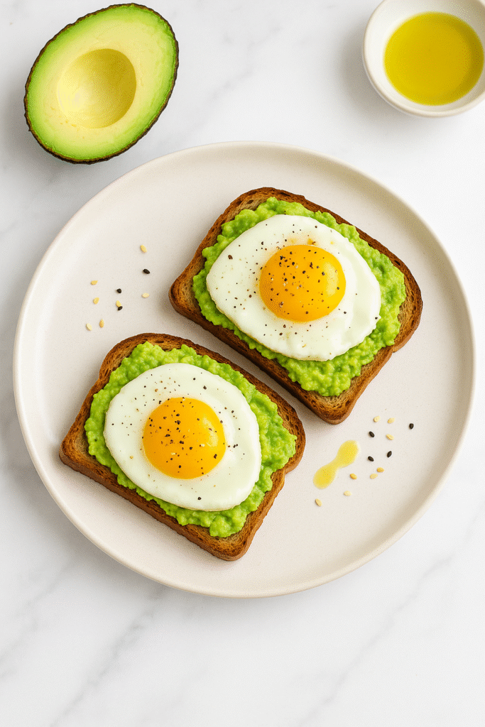 tostadas con aguacate y huevo servidas en plato blanco, receta saludable y fácil