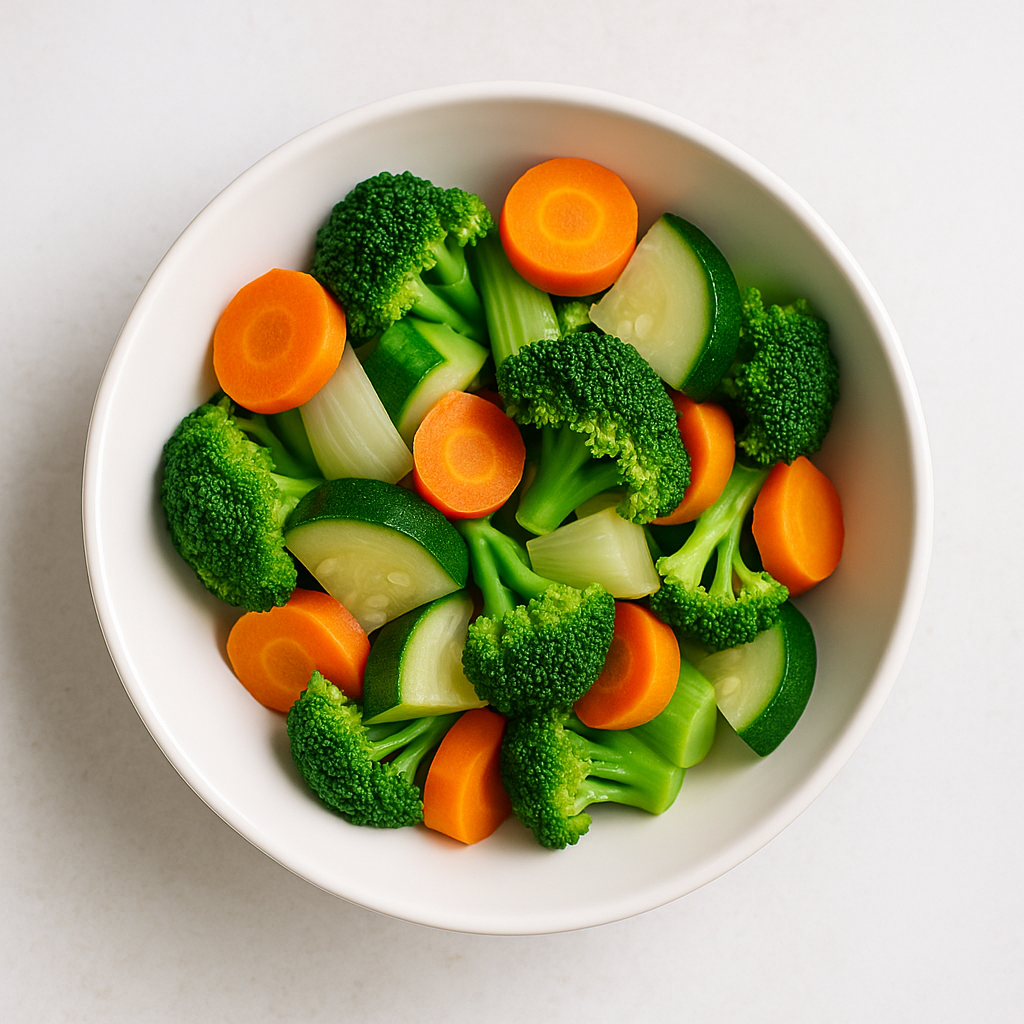 verduras al vapor en microondas servidas en bol blanco, receta saludable y rápida