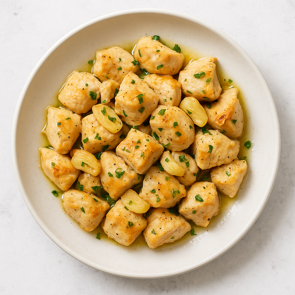 pollo al ajillo servido en plato blanco con perejil picado, receta fácil y sabrosa